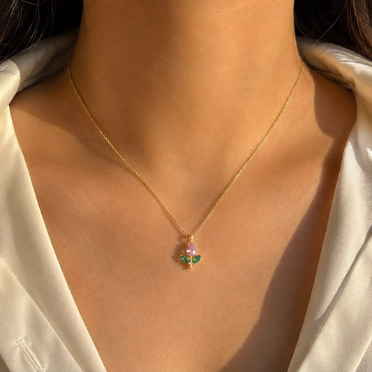 Elegant Gold-Tone Pink Crystal & Green Leaf Pendant Necklace for Women