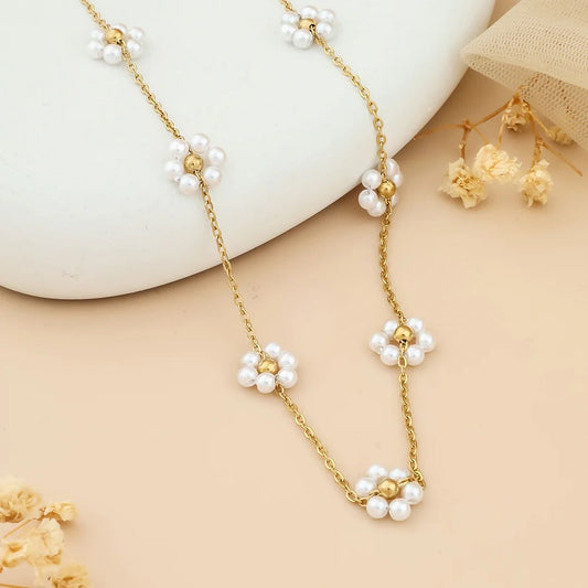 Golden White Beaded Flower Charms Chain Necklace For Women